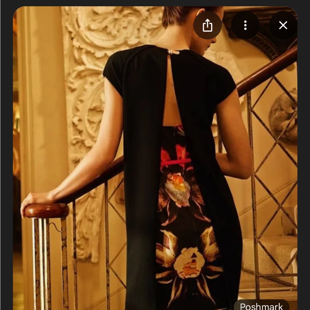 Elegant Black Floral-Back Cap Sleeve Dress